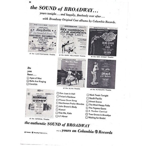 Vintage Columbia Records Broadway Sound Cast Album Advertisement 1960s Print Ad - Picture 1 of 2